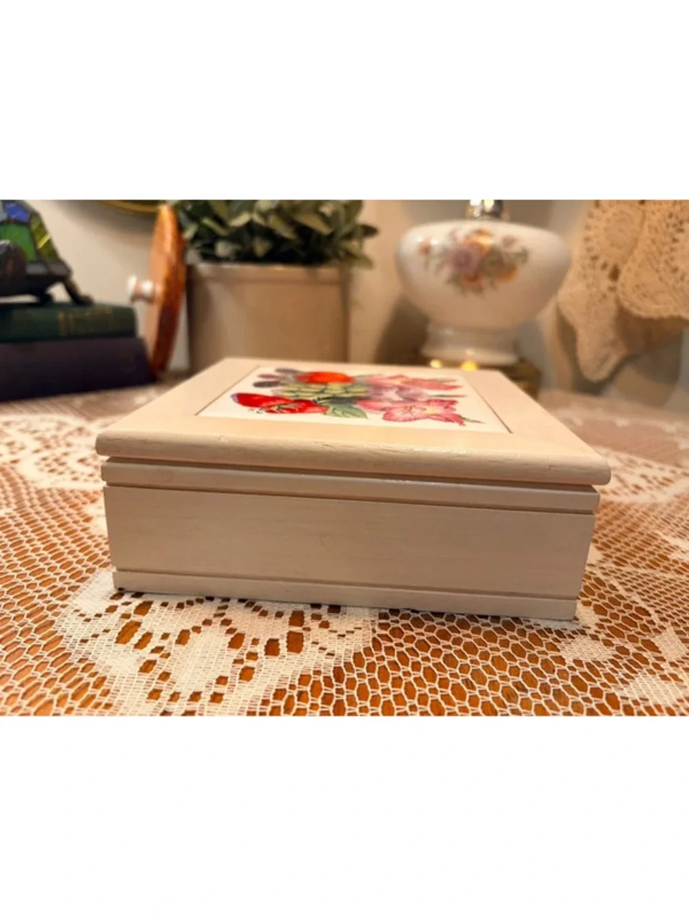 Floral Fruit Tile Wood Jewelry Box Pink Lined Cottage Decor